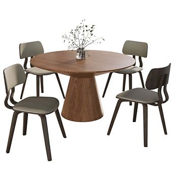 LeisureMod 5 pc Dining Set with Round Wooden Table in Natural Wood and 4 Leather Dining Chairs
