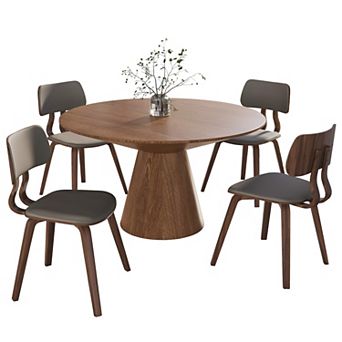 LeisureMod 5 pc Dining Set with Round Wooden Table in Natural Wood and 4 Leather Dining Chairs