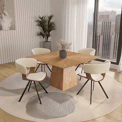 LeisureMod 5-Piece Dining Set, Square Natural Wood Table, 4 Leather Dining Chairs