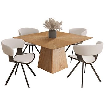 LeisureMod 5 pc Dining Set, Square Natural Wood Table, 4 Leather Dining Chairs