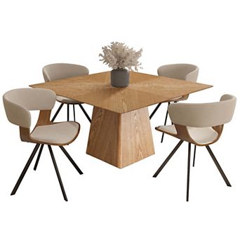 LeisureMod 5 pc Dining Set, Square Natural Wood Table, 4 Leather Dining Chairs