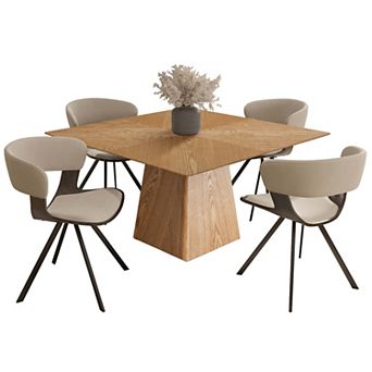 LeisureMod 5 pc Dining Set, Square Natural Wood Table, 4 Leather Dining Chairs