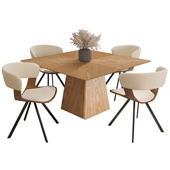 LeisureMod 5 pc Dining Set, Square Natural Wood Table, 4 Leather Dining Chairs