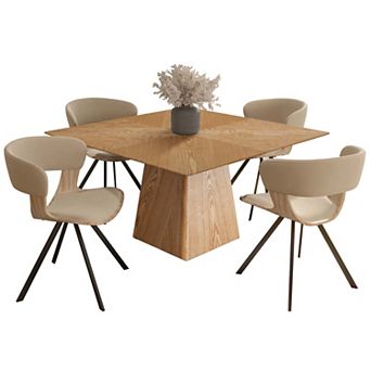 LeisureMod 5 pc Dining Set, Square Natural Wood Table, 4 Leather Dining Chairs