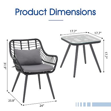 Patio Outdoor Steel Rattan 3 Piece Bistro set