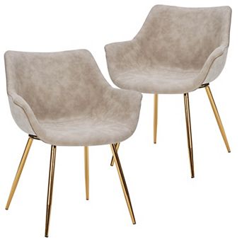 LeisureMod Markley Modern Leather Dining Arm Chair With Gold Legs in Taupe Set of 2