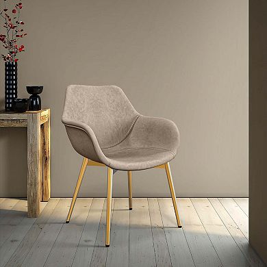 LeisureMod Markley Modern Leather Dining Arm Chair With Gold Legs in Taupe Set of 2