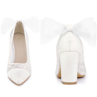 Pointed Toe Bow Bridal Block Heel Lace Pumps for Women