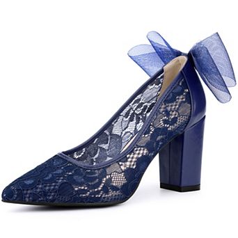 Pointed Toe Bow Bridal Block Heel Lace Pumps for Women