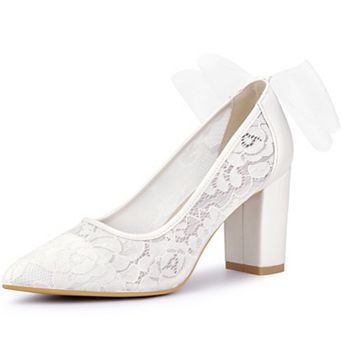 Pointed Toe Bow Bridal Block Heel Lace Pumps for Women