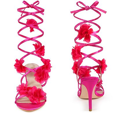 Floral Lace Up Stiletto Heel Flower Sandals for Women