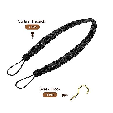 4Pcs Curtain Tiebacks, Braided Drapery Holdbacks Holder Decorative Rope Tie Back with Metal Hooks