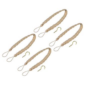4 pc Curtain Tiebacks, Braided Drapery Holdbacks Holder Decorative Rope Tie Back with Metal Hooks