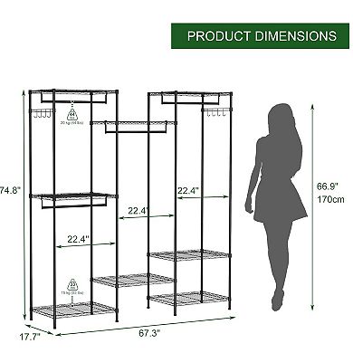 Heavy Duty Garment Rack, Clothes Rack with Adjustable Shelves, Hanging Rails & Hooks