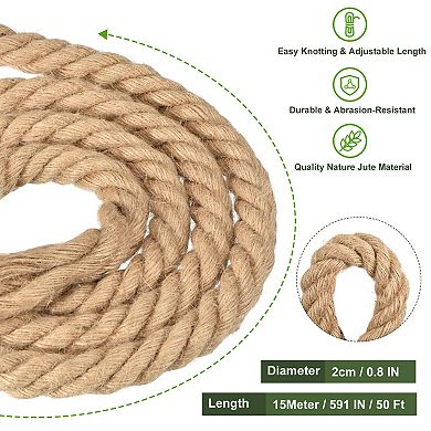 Natural Jute Rope, 25/32 in x 50 Ft Thick Twisted Manila Rope Multipurpose for Tug of War, Hammock