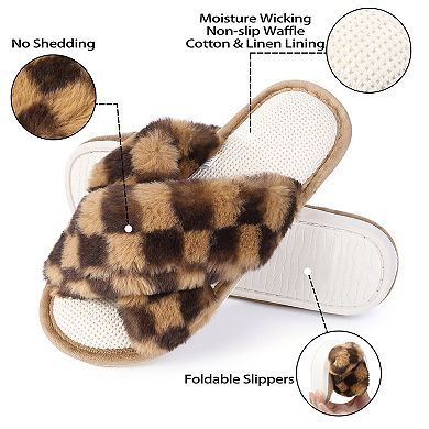 Women's Open Toe Fuzzy Fluffy House Slippers Cozy Criss Cross Furry Slides Slippers