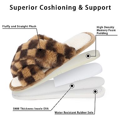 Women's Open Toe Fuzzy Fluffy House Slippers Cozy Criss Cross Furry Slides Slippers