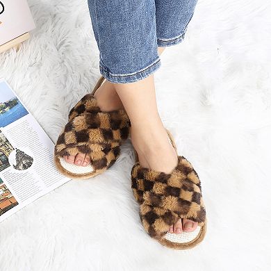 Women's Open Toe Fuzzy Fluffy House Slippers Cozy Criss Cross Furry Slides Slippers