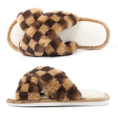 Women's Open Toe Fuzzy Fluffy House Slippers Cozy Criss Cross Furry Slides Slippers