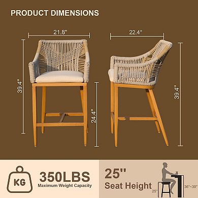 Mondawe Modern Textile Bohemian Style Outdoor Counter Bar Chair With Armrests (Set of 2)
