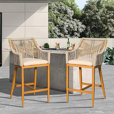 Mondawe Modern Textile Bohemian Style Outdoor Counter Bar Chair With Armrests (Set of 2)