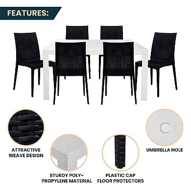 Leisuremod Mace 7-piece Outdoor Dining Set With Rectangular Table And Stackable Chairs