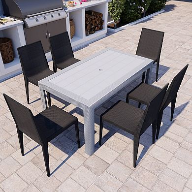 Leisuremod Mace 7-piece Outdoor Dining Set With Rectangular Table And Stackable Chairs