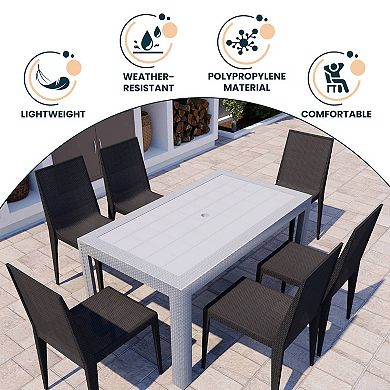 Leisuremod Mace 7-piece Outdoor Dining Set With Rectangular Table And Stackable Chairs