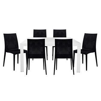Leisuremod Mace 7 pc Outdoor Dining Set With Rectangular Table And Stackable Chairs