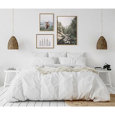 Sylvie Highland Cow Mountain Landscape and Minimalist Evergreen Trees Sketch Framed Canvas Set