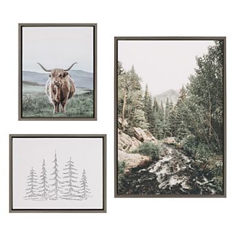 Sylvie Highland Cow Mountain Landscape and Minimalist Evergreen Trees Sketch Framed Canvas Set