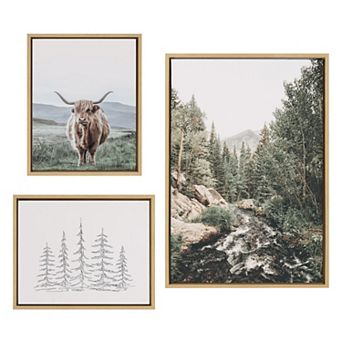 Sylvie Highland Cow Mountain Landscape and Minimalist Evergreen Trees Sketch Framed Canvas Set