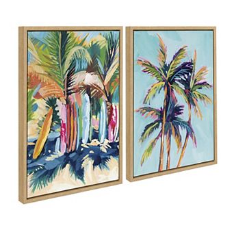 Sylvie Surf and Sand and Tropical Palms Study Framed Canvas Art Set