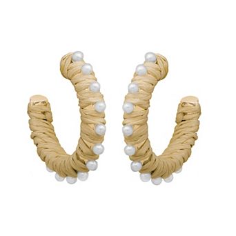 LC Lauren Conrad Gold Tone Simulated Pearl & Raffia Nickel Free Hoop Earrings