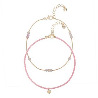 LC Lauren Conrad Gold Tone Heart Charm Beaded Anklet Set