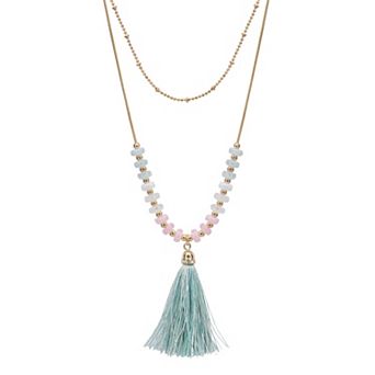 LC Lauren Conrad Gold Tone Pastel Beaded 2 Row Tassel Necklace