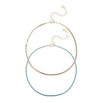 LC Lauren Conrad Gold Tone Beaded & Snake Chain Necklace Duo Set