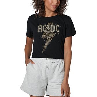 Juniors' AC/DC Leopard Bolt Graphic Crop Tee
