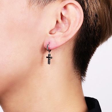 Men's LYNX Sterling Silver Black Enamel Cross Earrings