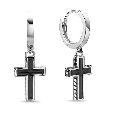 Men's LYNX Sterling Silver Black Enamel Cross Earrings