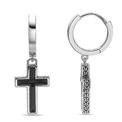 Men's LYNX Sterling Silver Black Enamel Cross Earrings