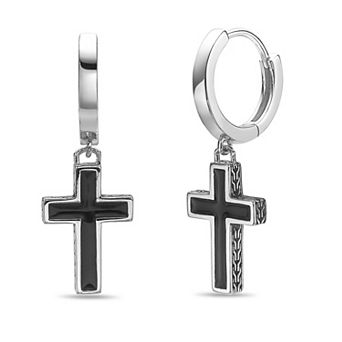 Men's LYNX Sterling Silver Black Enamel Cross Earrings