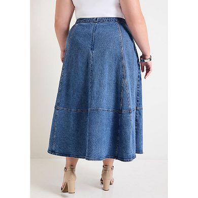 June + Vie Women's Plus Size Fit-And-Flare Denim Midi Skirt