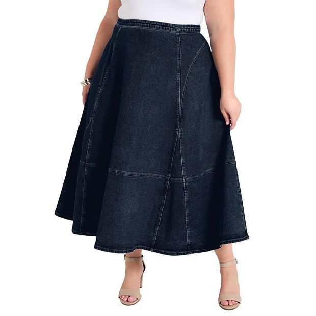 June & Vie Women's Plus Size Fit-And-Flare Denim Midi Skirt