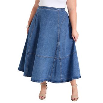 June + Vie Women's Plus Size Fit-And-Flare Denim Midi Skirt