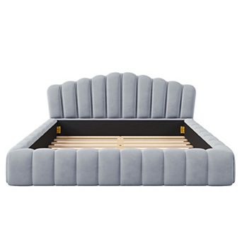 Merax Velvet Upholstered Queen Bed Frame Floor Bed Shell-Shaped Headboard for Bedroom