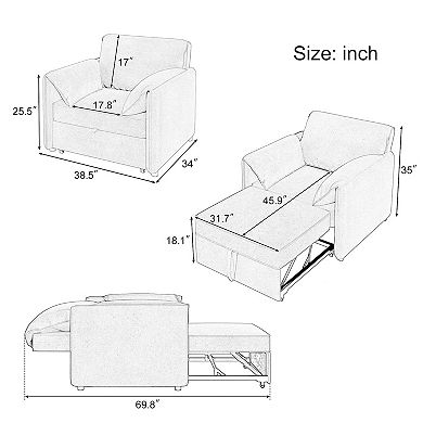 Merax 3-in-1 Convertible Sleeper Chair Adjustable Backrest with Thicked Cushions