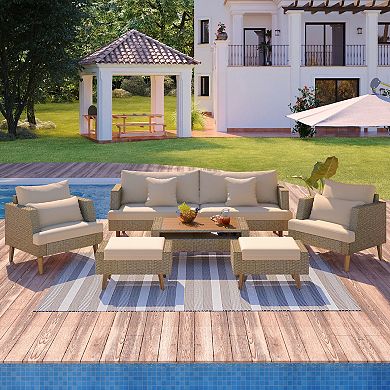 Merax 6-Pieces All Weather PE Wicker Sofa Set, Outdoor Rattan sofa With Double Cushions