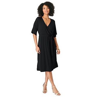 Roaman's Women's Plus Size Flutter Sleeve Faux Wrap Dress
