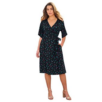 Roaman's Women's Plus Size Short Sleeve Wrap Fit And Flare Dress